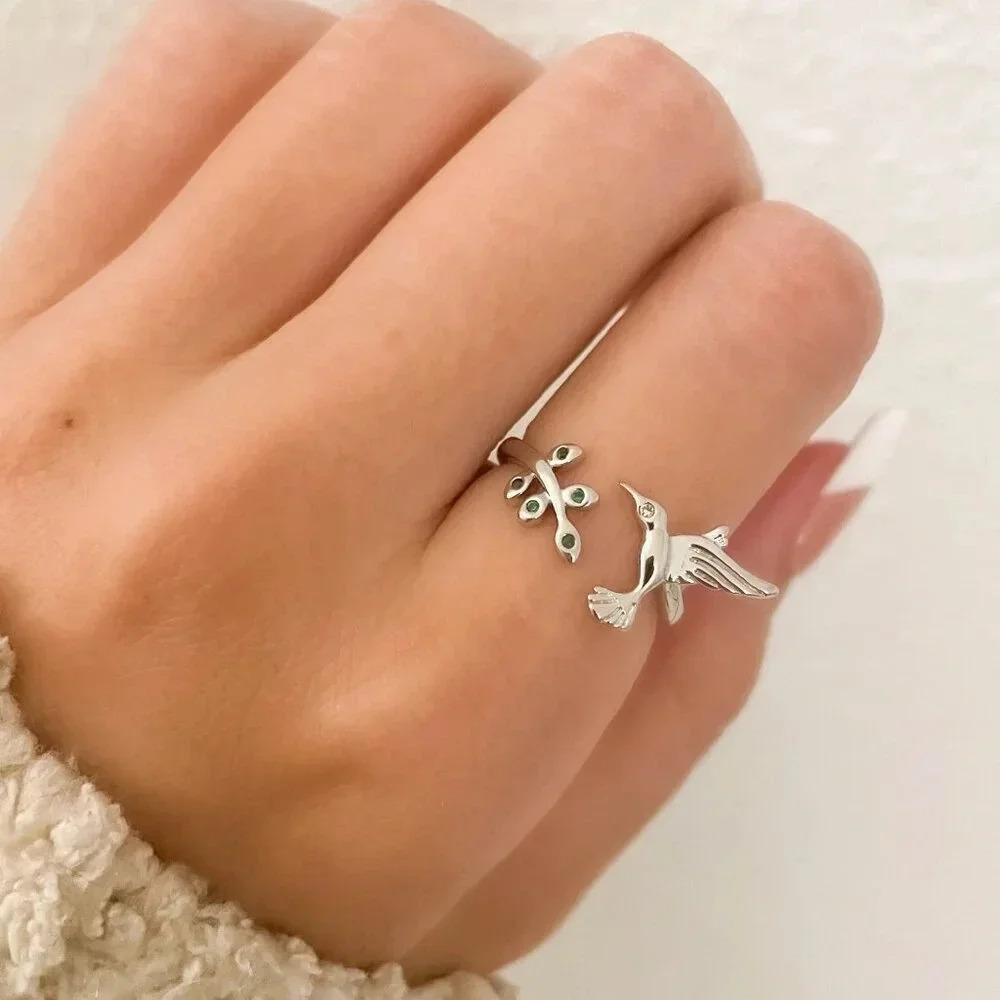 925 Sterling Silver Hummingbird Ring Bird Ring Tree Branch Ring Leaf Ring